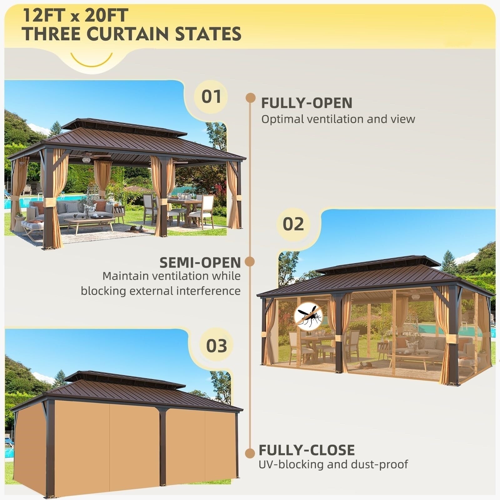 Tonnelle d'extérieur à toit rigide avec double toit en acier galvanisé et cadre en aluminium, pergola extérieure avec rideaux et filets haut de gamme