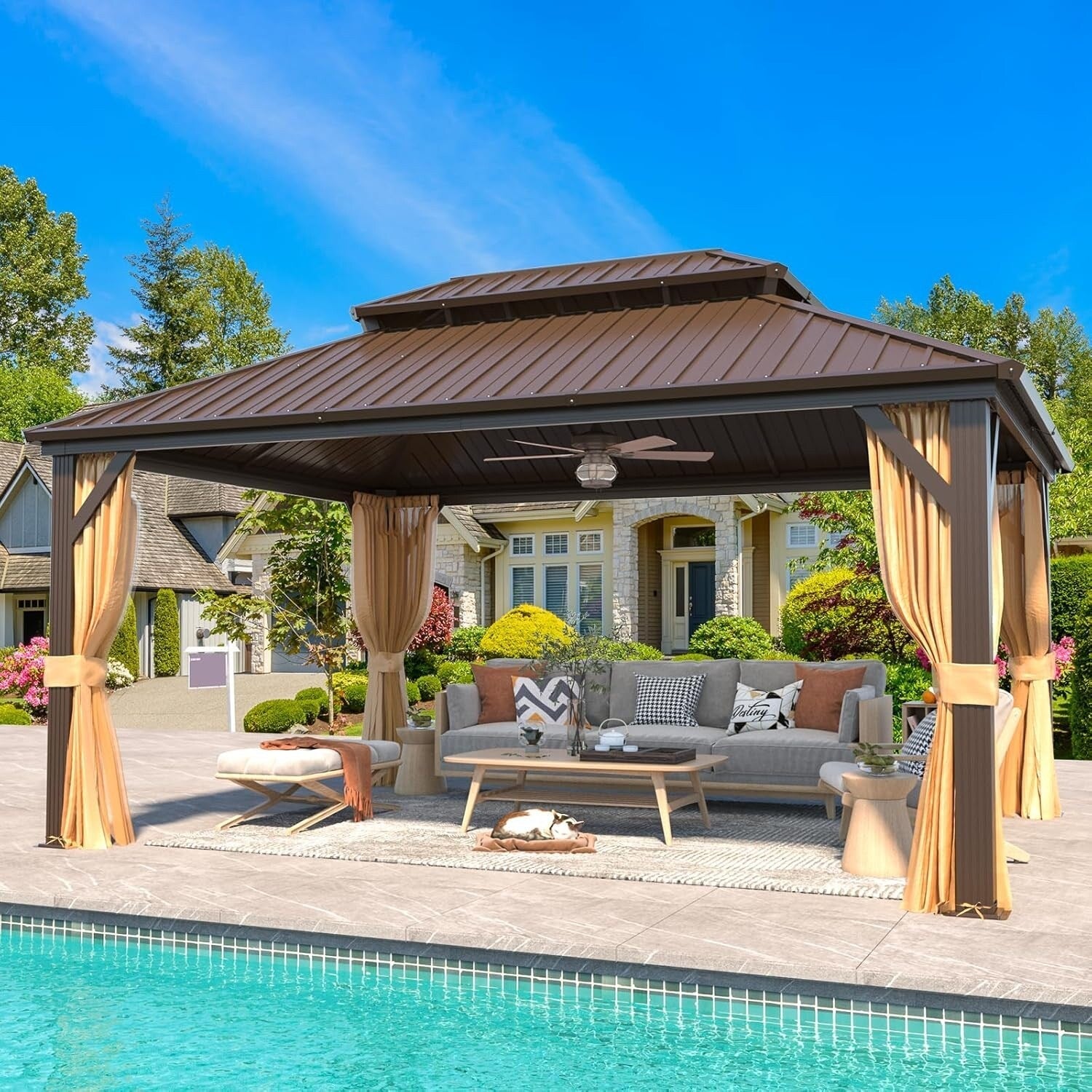 Tonnelle d'extérieur à toit rigide avec double toit en acier galvanisé et cadre en aluminium, pergola extérieure avec rideaux et filets haut de gamme