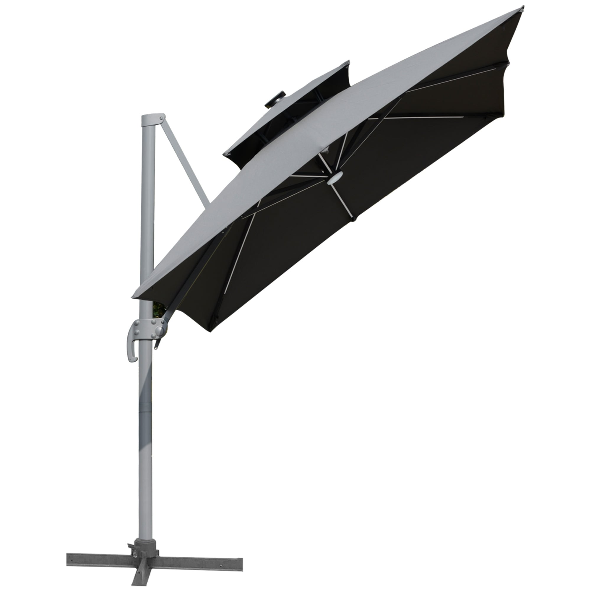 Parasol de terrasse solaire à LED Outsunny de 3 m, parasol suspendu décalé avec rotation à 360°, base croisée, 8 baleines, inclinaison et manivelle