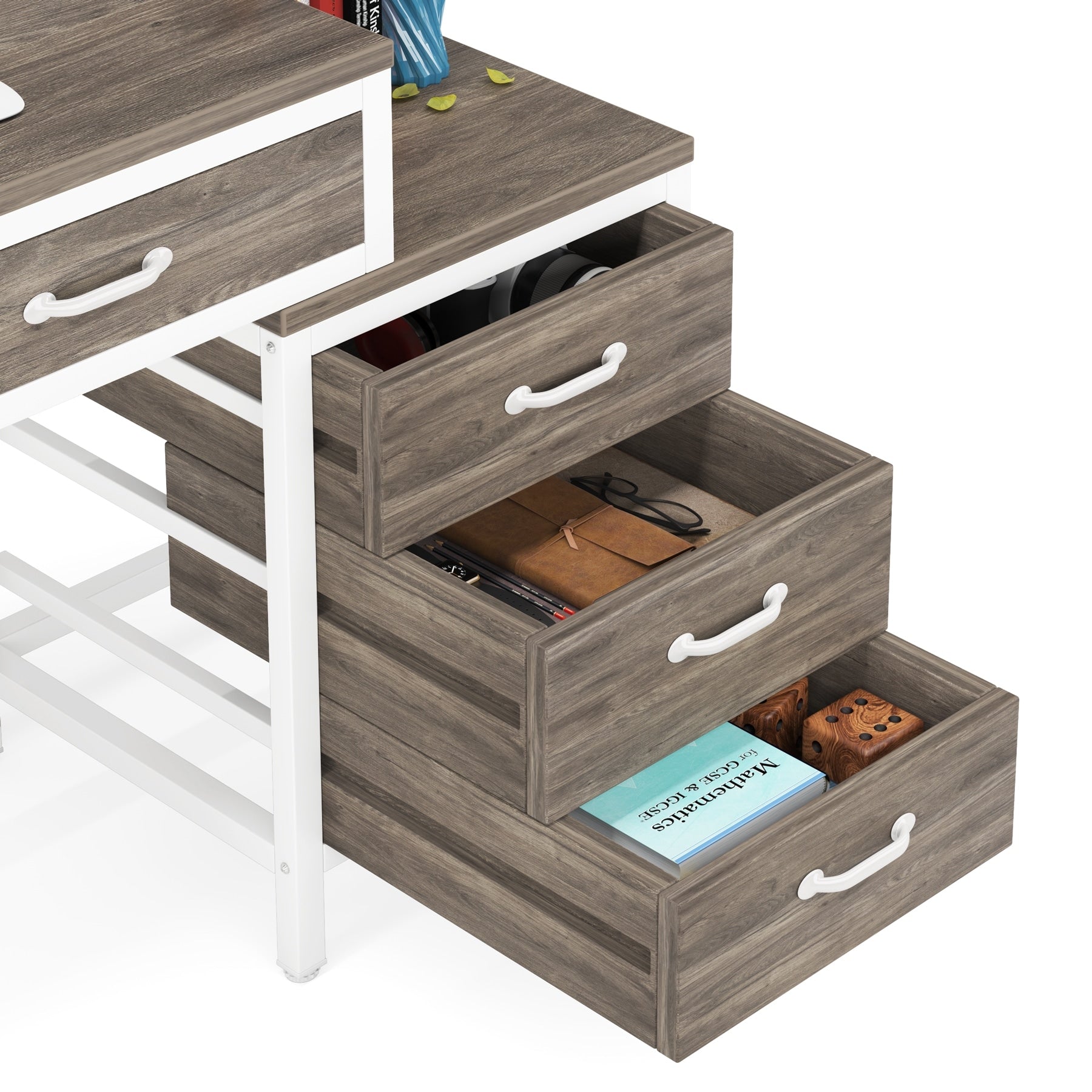 Bureau d'ordinateur réversible avec 5 tiroirs, bureau à domicile avec classeur, tiroir et support d'imprimante