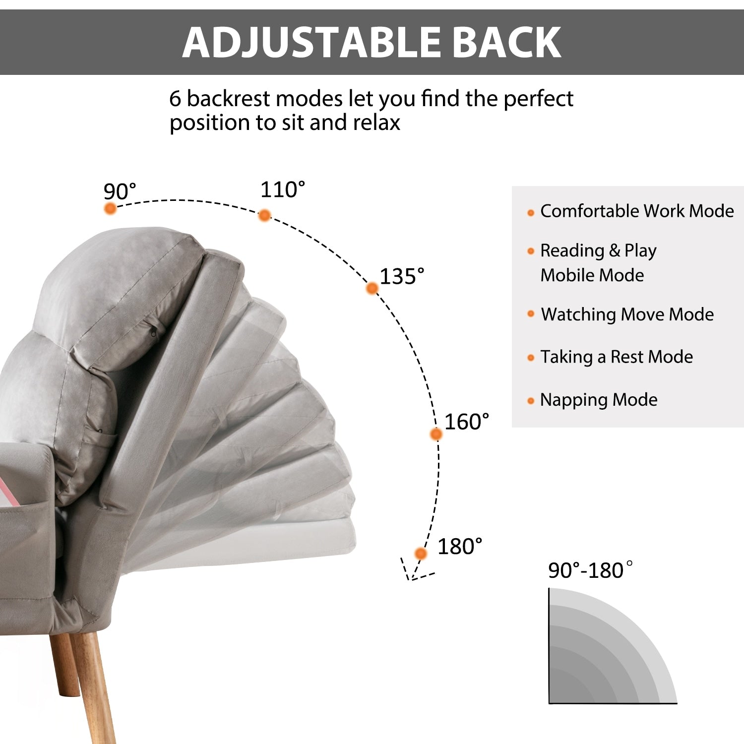 Fauteuil de salon décontracté en tissu doux avec dossier et pieds réglables