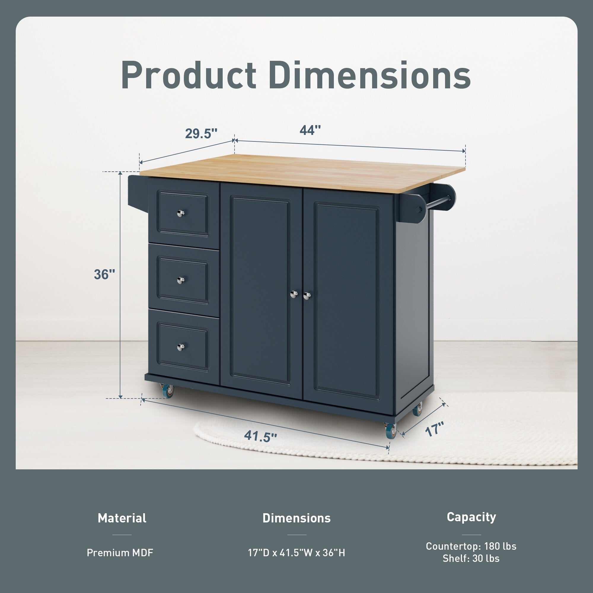 Desserte de cuisine Sophia & William avec abattant et plateau en bois d'hévéa, desserte de cuisine roulante avec grand meuble de rangement