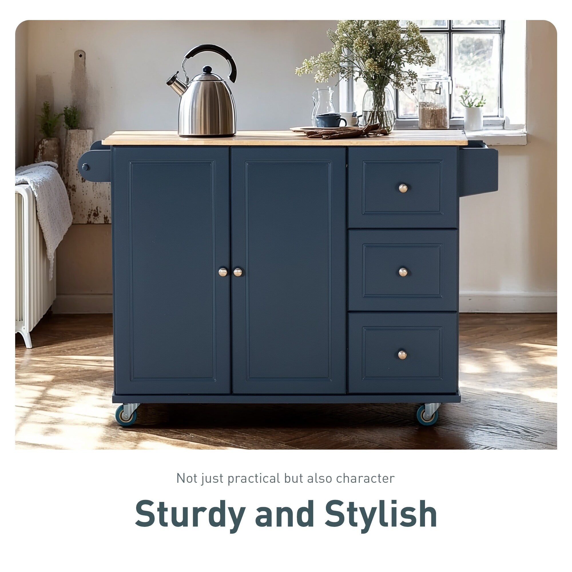 Desserte de cuisine Sophia & William avec abattant et plateau en bois d'hévéa, desserte de cuisine roulante avec grand meuble de rangement