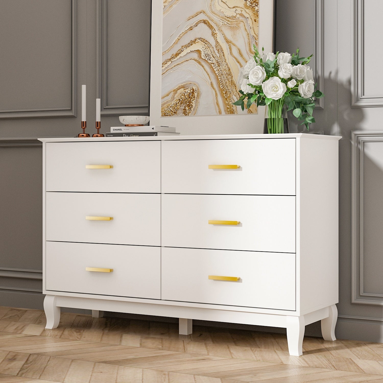 Commode double Timechee à 6 tiroirs, 47,2 po de largeur, pieds en bois massif, coffre laqué