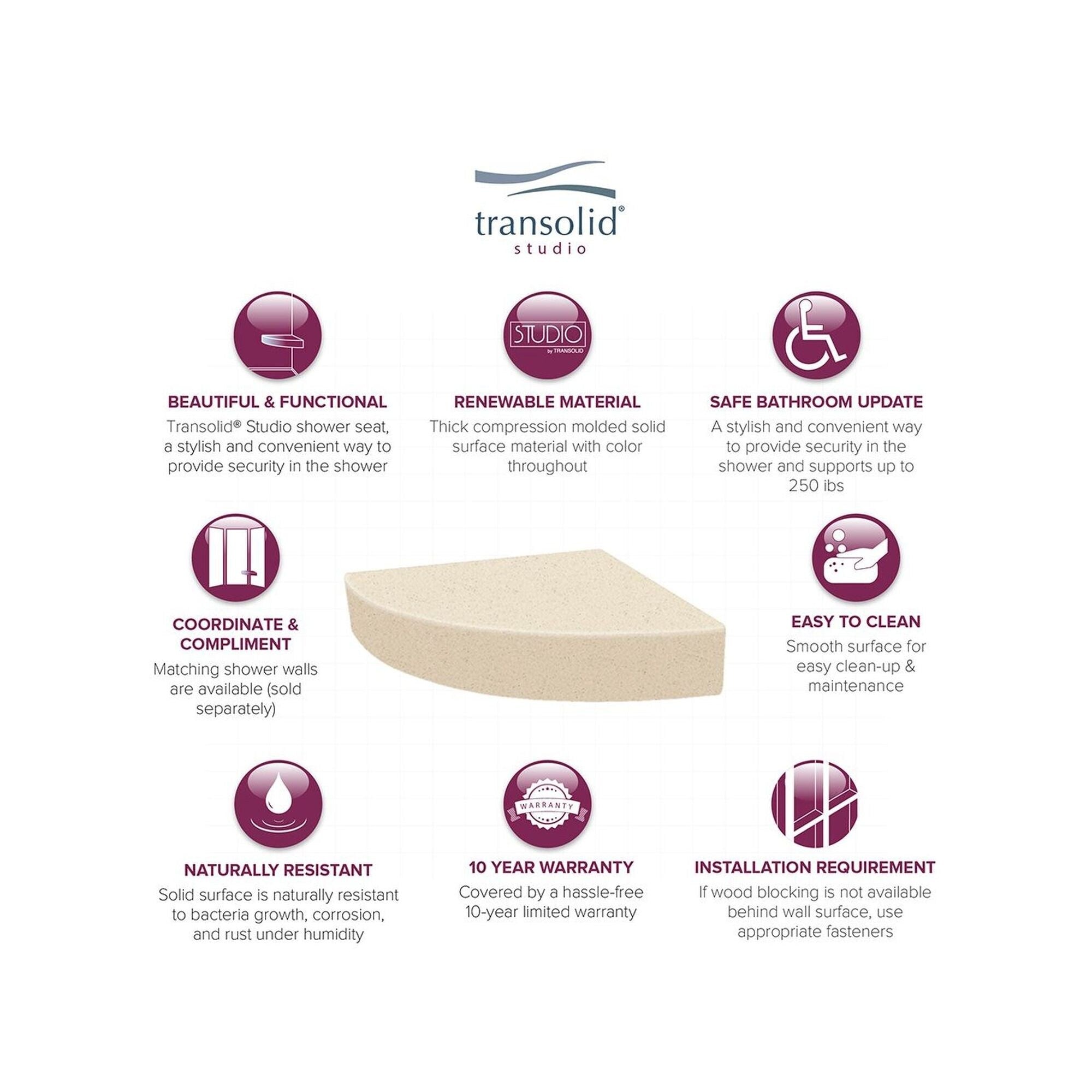 Siège de douche d'angle mural en surface solide Transolid Studio 14 po x 14 po - 14,5 x 14,25 x 3