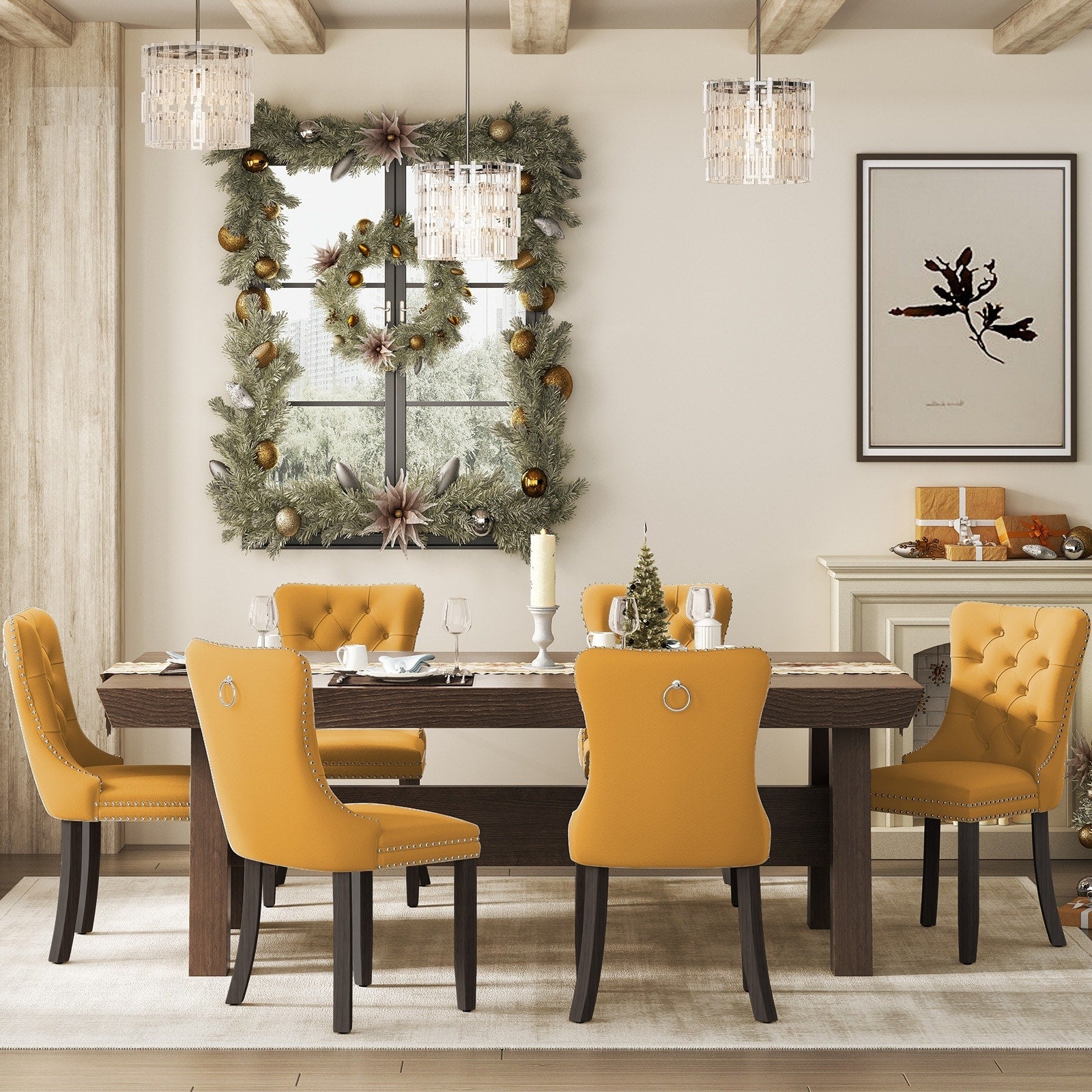 Chaise de salle à manger capitonnée en velours avec pieds en bois massif, lot de 6