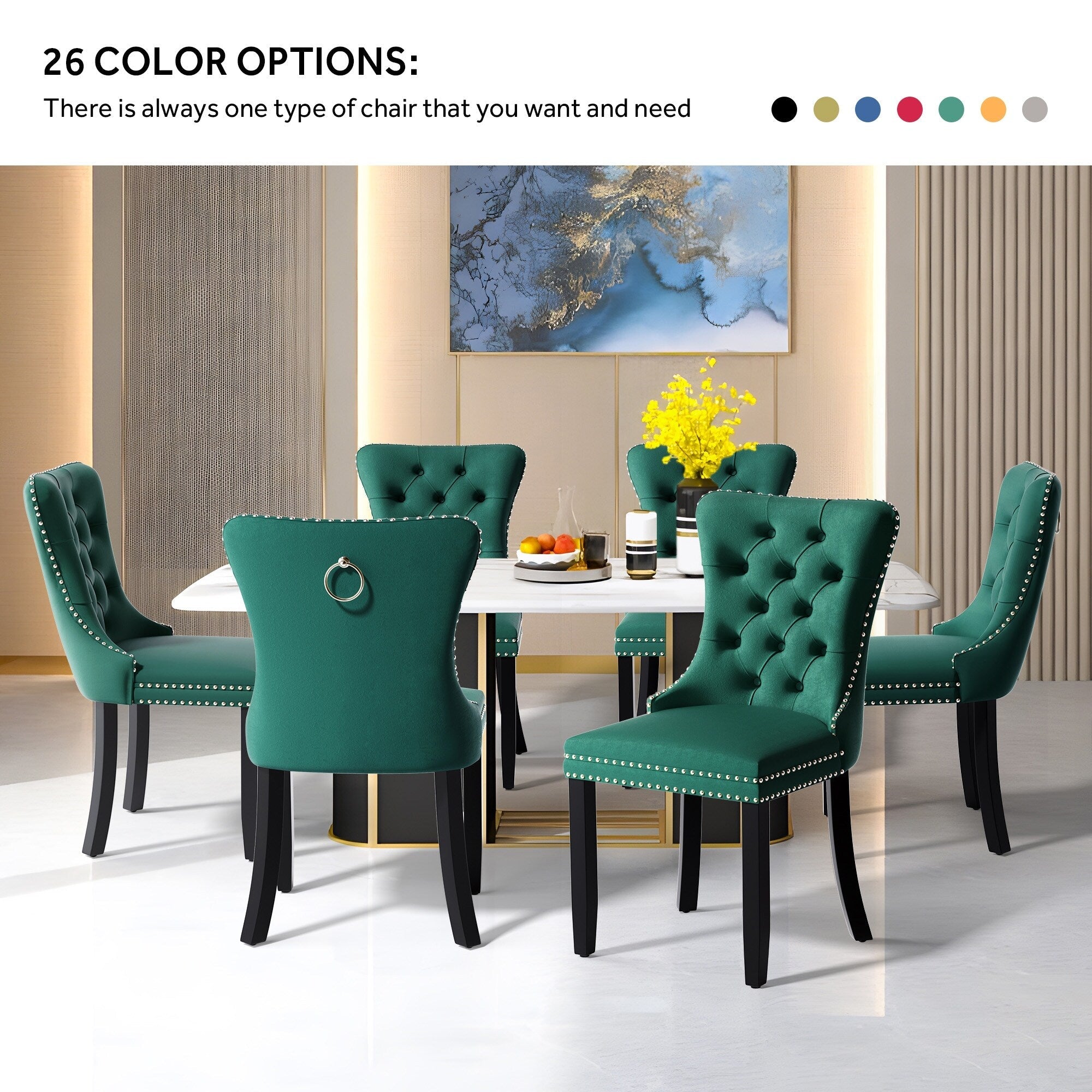 Chaise de salle à manger capitonnée en velours avec pieds en bois massif, lot de 6