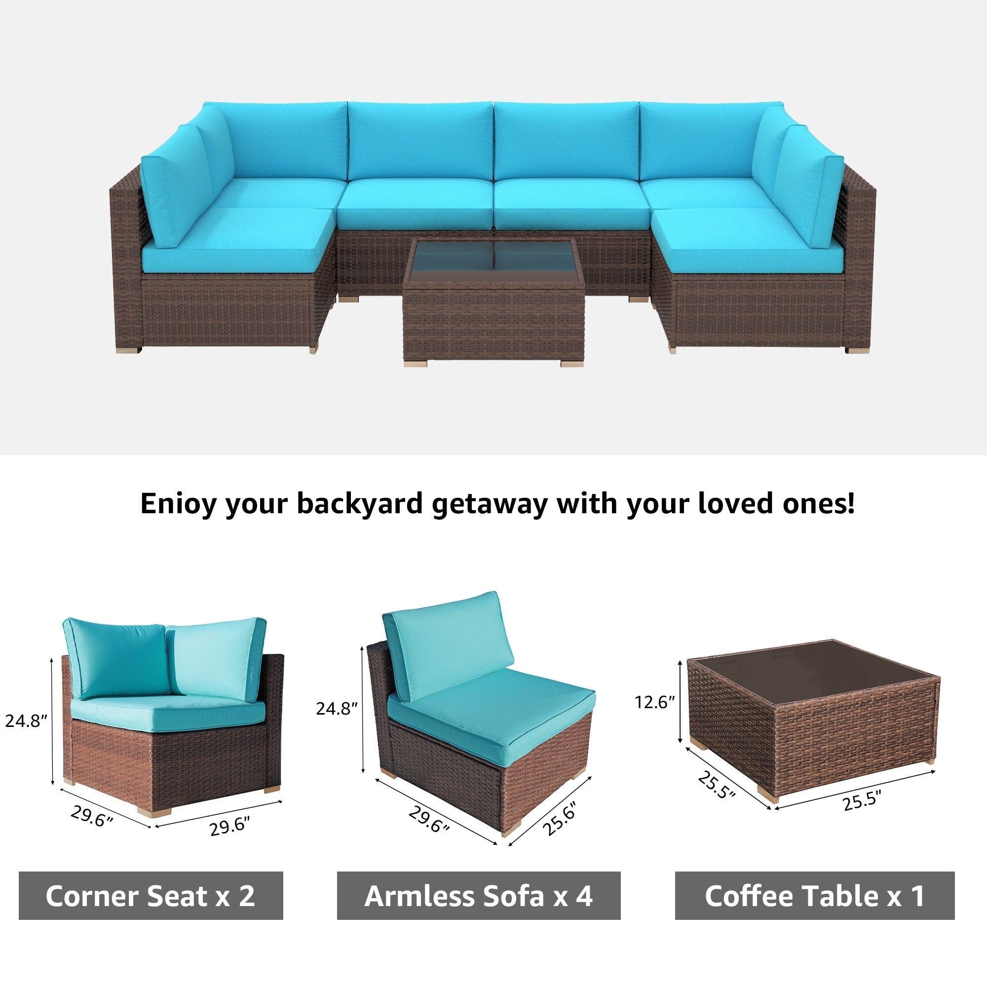 Ensemble de canapés d'extérieur sectionnels rembourrés en osier et acier, 7 pièces