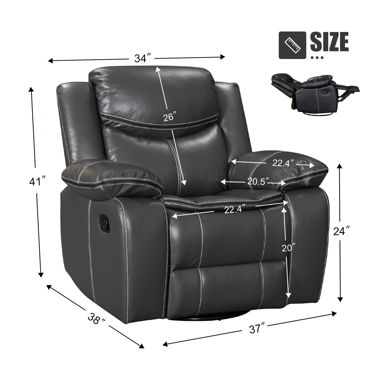 Fauteuil inclinable chauffant et massant en cuir durable à siège large