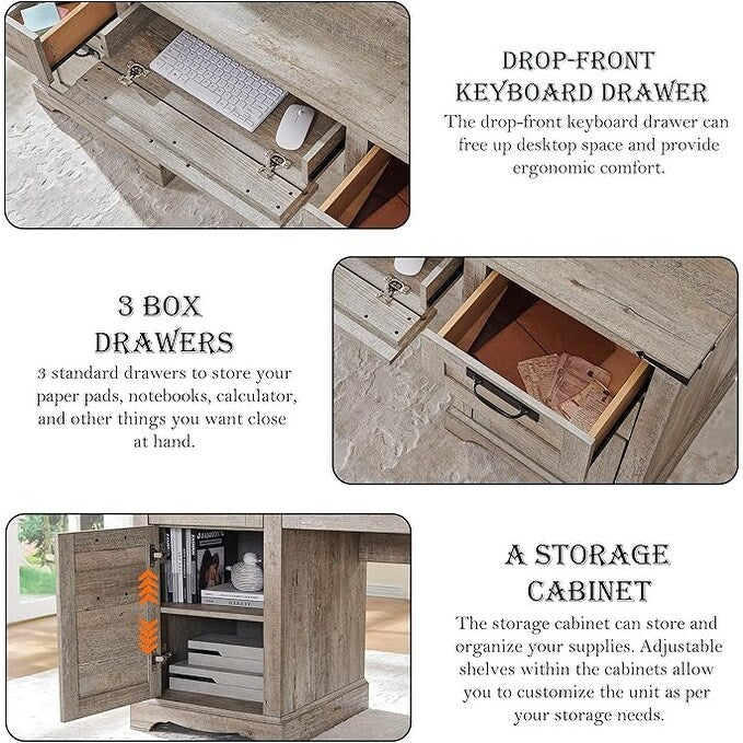 Bureau exécutif Farmhouse 60, bureau en bois pour la maison, bureau d'ordinateur