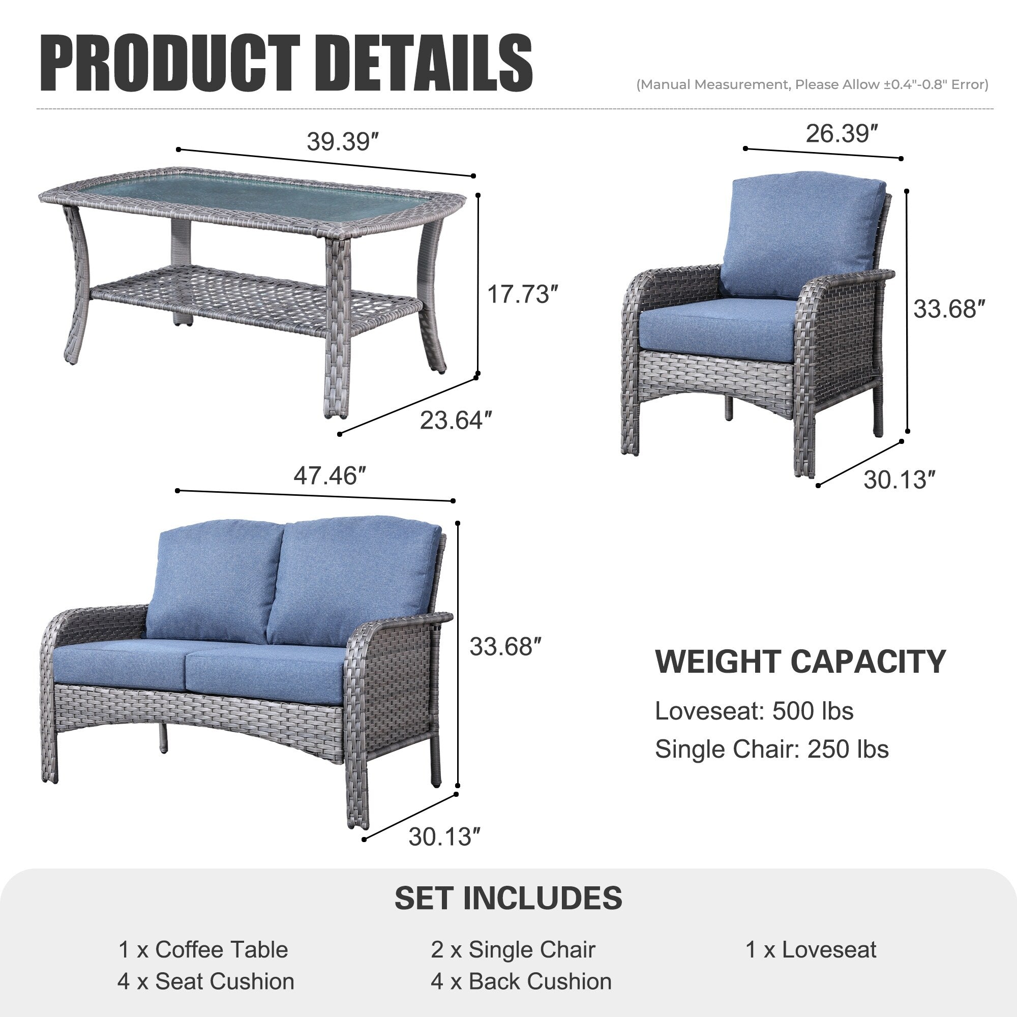 Ensemble de conversation de 4 pièces pour patio extérieur XIZZI avec table