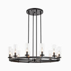 Lustre à 12 lumières en forme de roue de chariot, style moderne du milieu du siècle, en verre transparent, style doré/noir, grand modèle