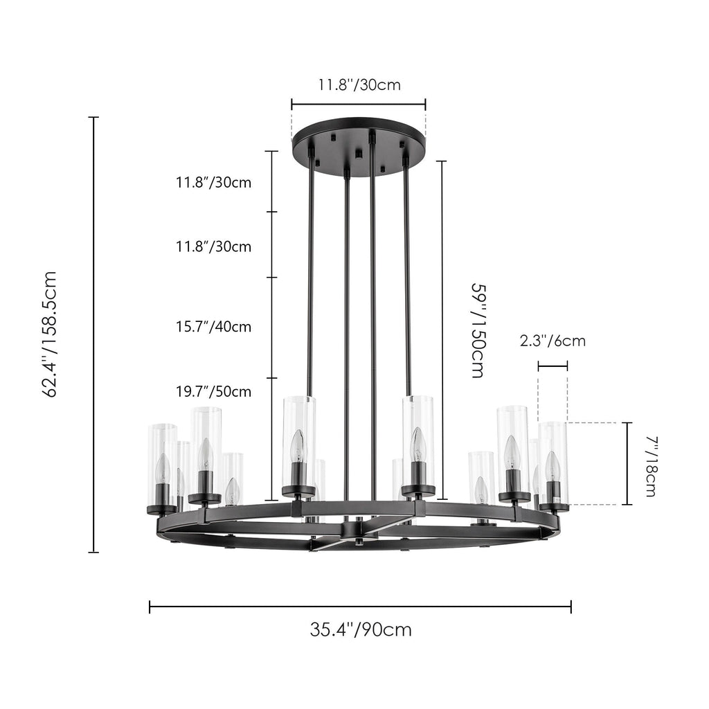 Lustre à 12 lumières en forme de roue de chariot, style moderne du milieu du siècle, en verre transparent, style doré/noir, grand modèle