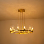 Lustre à 12 lumières en forme de roue de chariot, style moderne du milieu du siècle, en verre transparent, style doré/noir, grand modèle