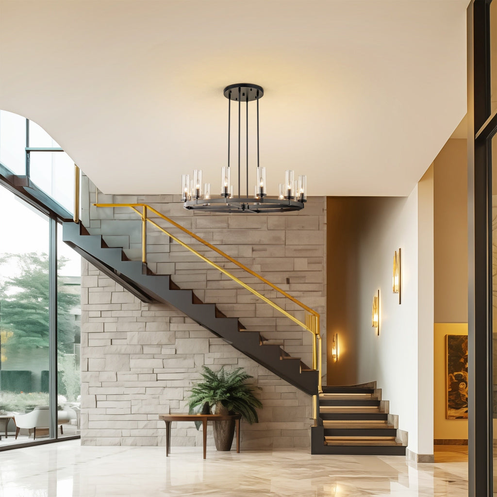 Lustre à 12 lumières en forme de roue de chariot, style moderne du milieu du siècle, en verre transparent, style doré/noir, grand modèle