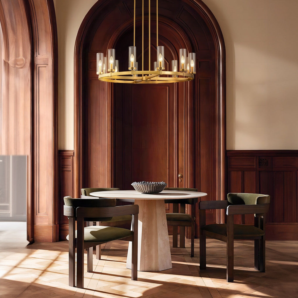 Lustre à 12 lumières en forme de roue de chariot, style moderne du milieu du siècle, en verre transparent, style doré/noir, grand modèle