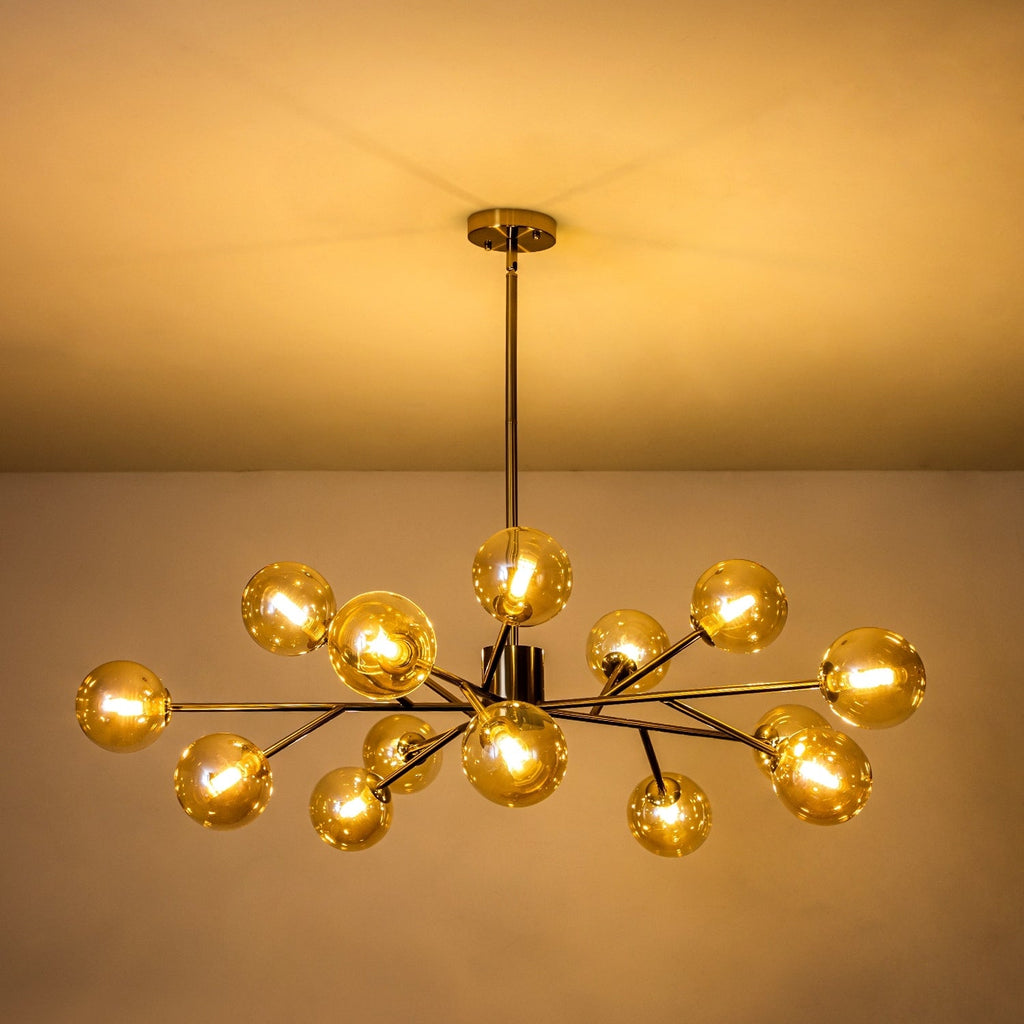 Lustre linéaire moderne à 15 lumières pour îlot de cuisine Sputnik avec branches et globes en verre