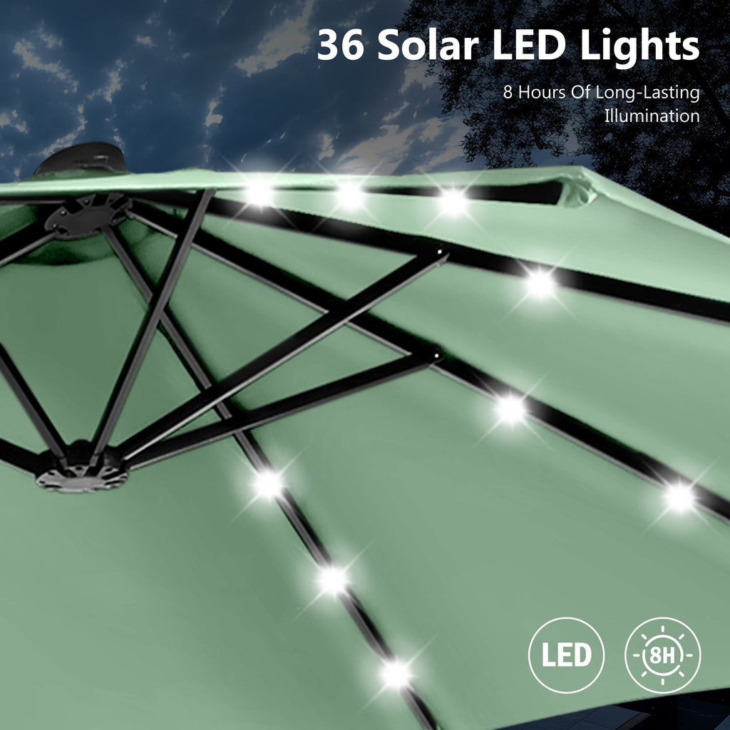 MAISON ARTS Parasol de marché extérieur rectangulaire à manivelle double face de 15 pieds Parasol de patio éclairé par LED solaire avec base incluse