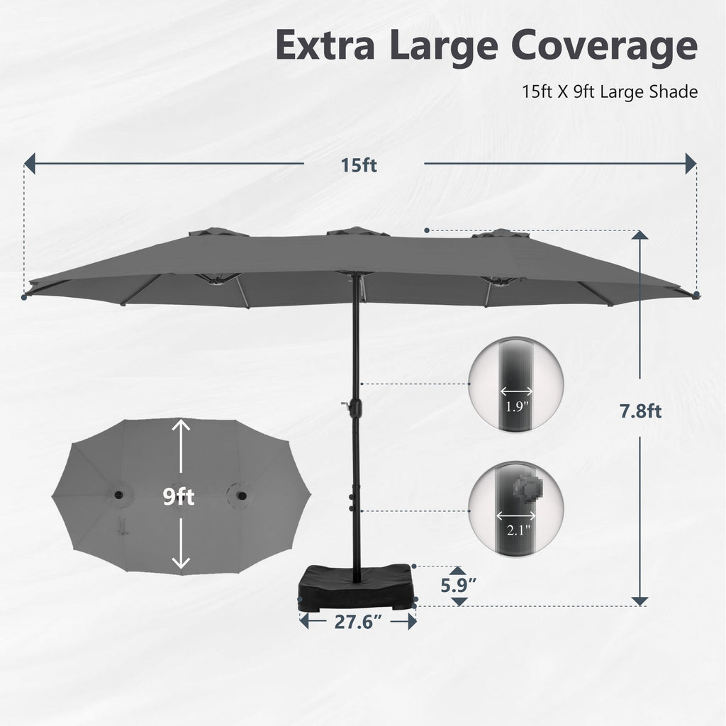 Parasol double extra large de 15 pieds pour patio double face de MAISON ARTS avec base incluse
