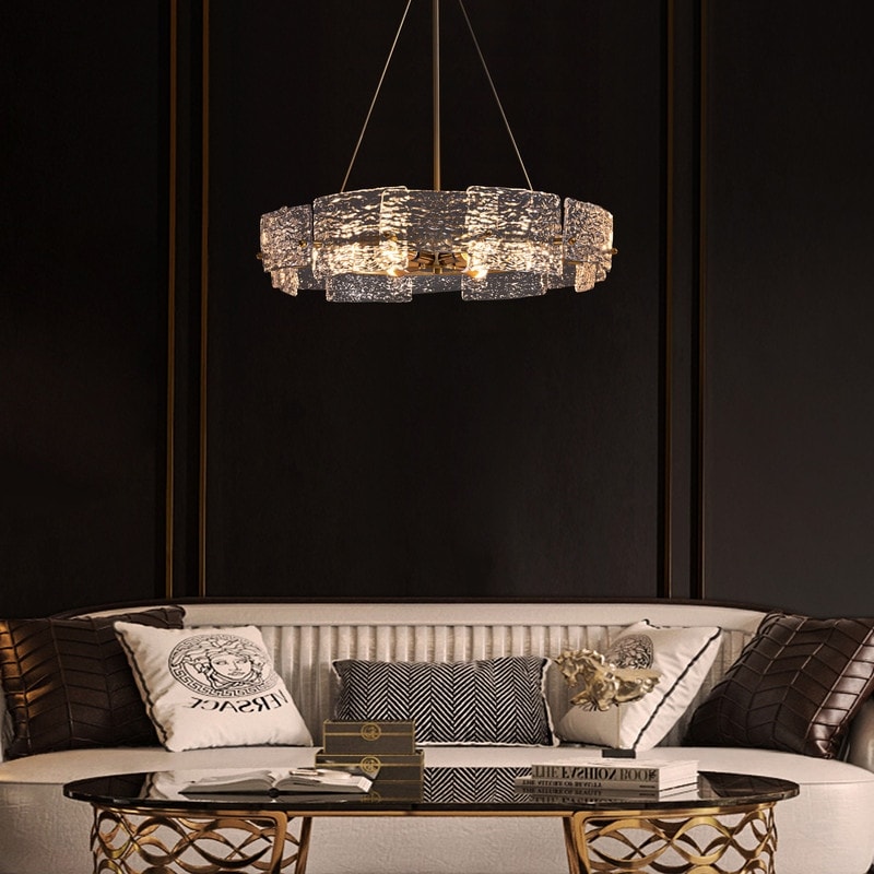 Lustre moderne en cristal doré de 23,6 po, 6 lumières, style tambour glamour, pour îlot de cuisine et salle à manger