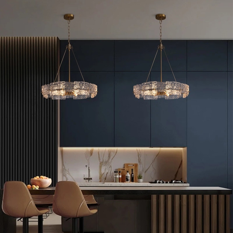 Lustre moderne en cristal doré de 23,6 po, 6 lumières, style tambour glamour, pour îlot de cuisine et salle à manger