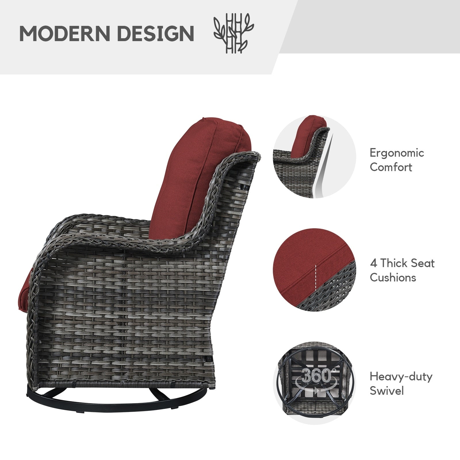 Fauteuil à bascule pivotant d'extérieur Gymojoy 3 pièces en osier avec coussin et table