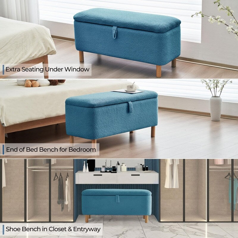 Banc ottoman de rangement en sherpa blanc cassé, repose-pieds, pour salon, chambre à coucher, pieds en bois