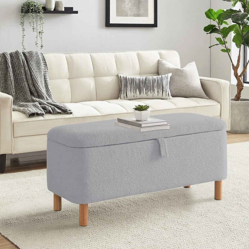 Banc ottoman de rangement en sherpa blanc cassé, repose-pieds, pour salon, chambre à coucher, pieds en bois