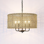 Lustre tambour bohème tissé à la main à 4 lumières - Paille - 20 po de largeur