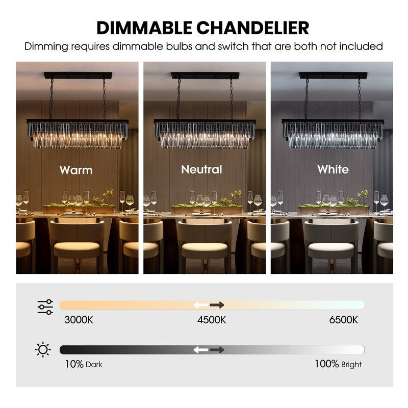 Lustre contemporain en cristal gris fumé et noir de 47 po, luminaire suspendu linéaire à deux niveaux pour îlot de cuisine et salle à manger