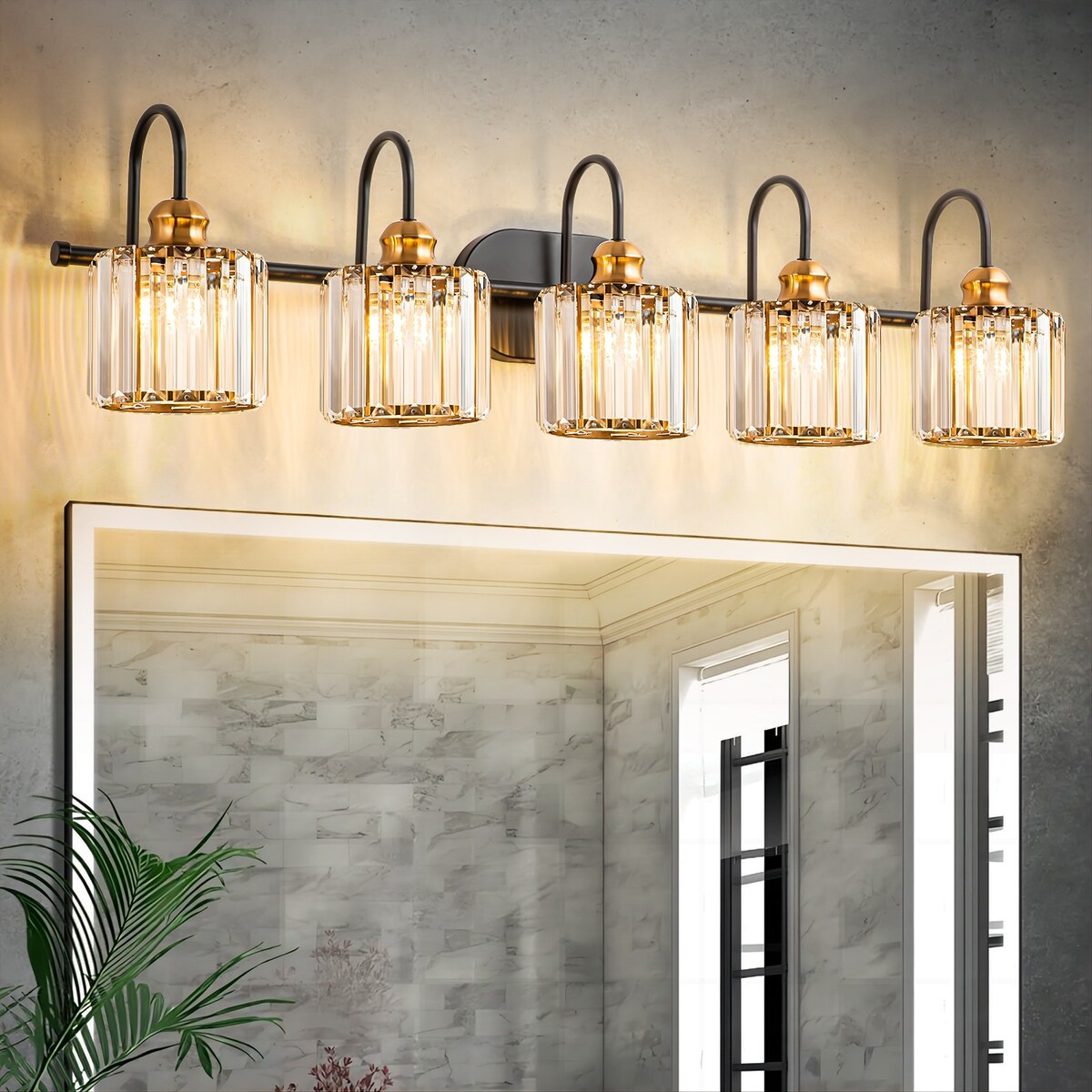 Luminaires de salle de bain en cristal à 5 ​​lumières, style glamour, linéaires et à intensité variable, avec abat-jour cylindrique en cristal