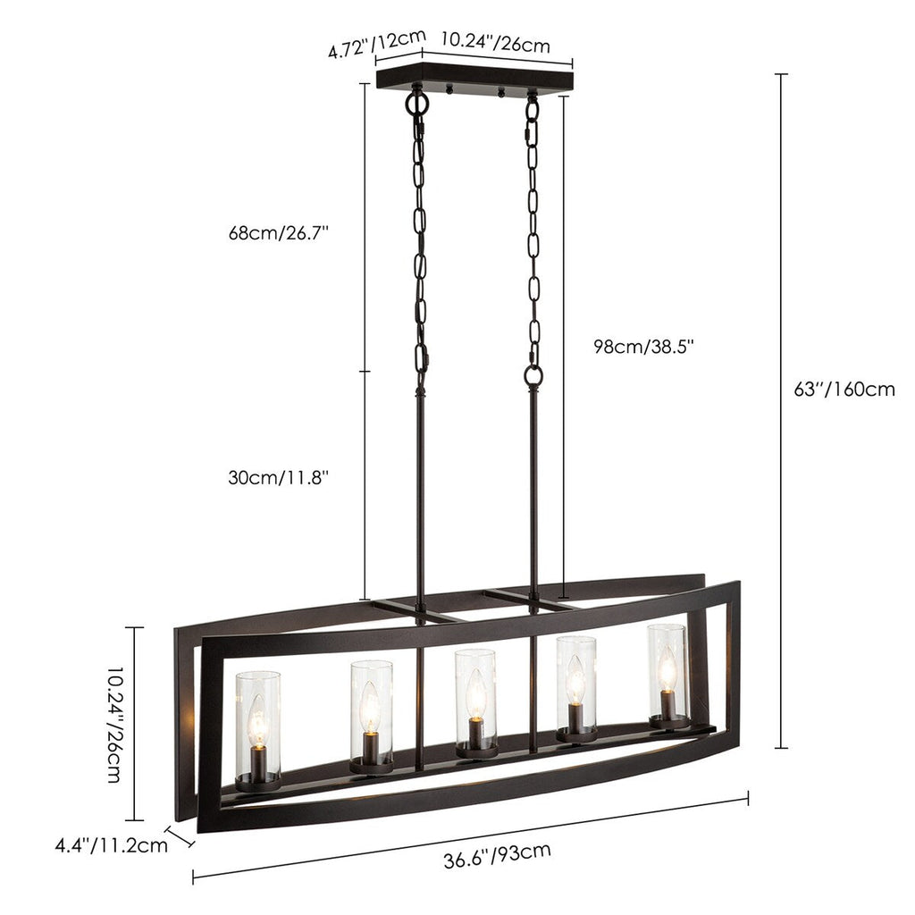 Lustre rectangulaire en verre vintage à 5 lumières pour îlot de cuisine industriel moderne du milieu du siècle