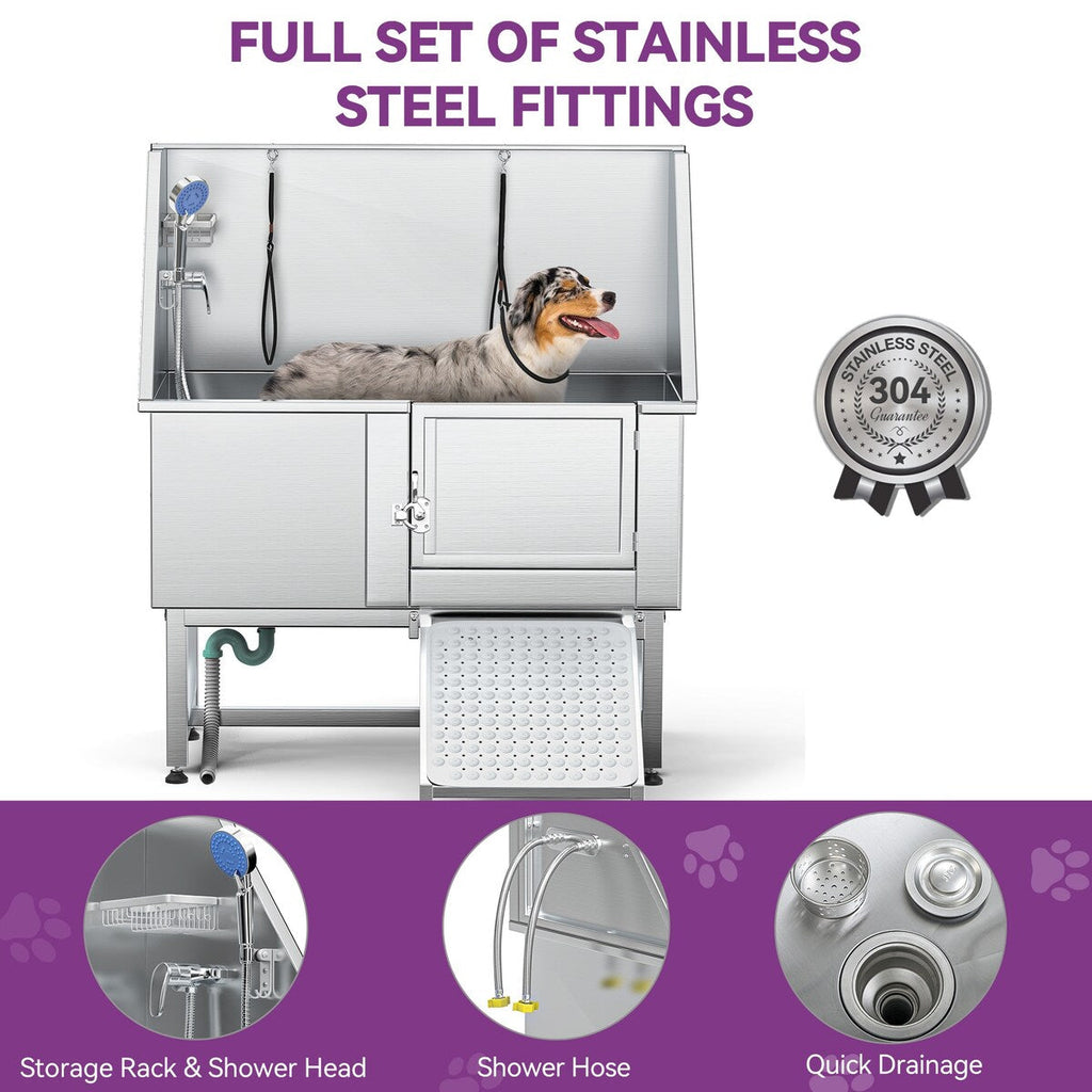 Baignoire de toilettage réglable en acier inoxydable de 50 po de largeur avec rampe - Argent