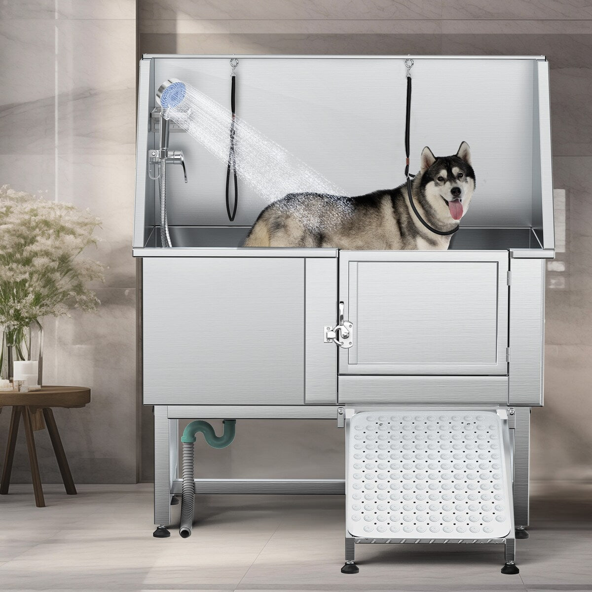 Baignoire de toilettage réglable en acier inoxydable de 50 po de largeur avec rampe et marches