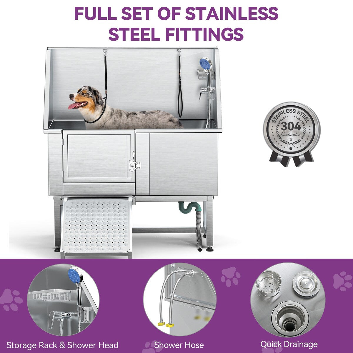 Baignoire de toilettage réglable en acier inoxydable de 50 po de largeur avec rampe et marches