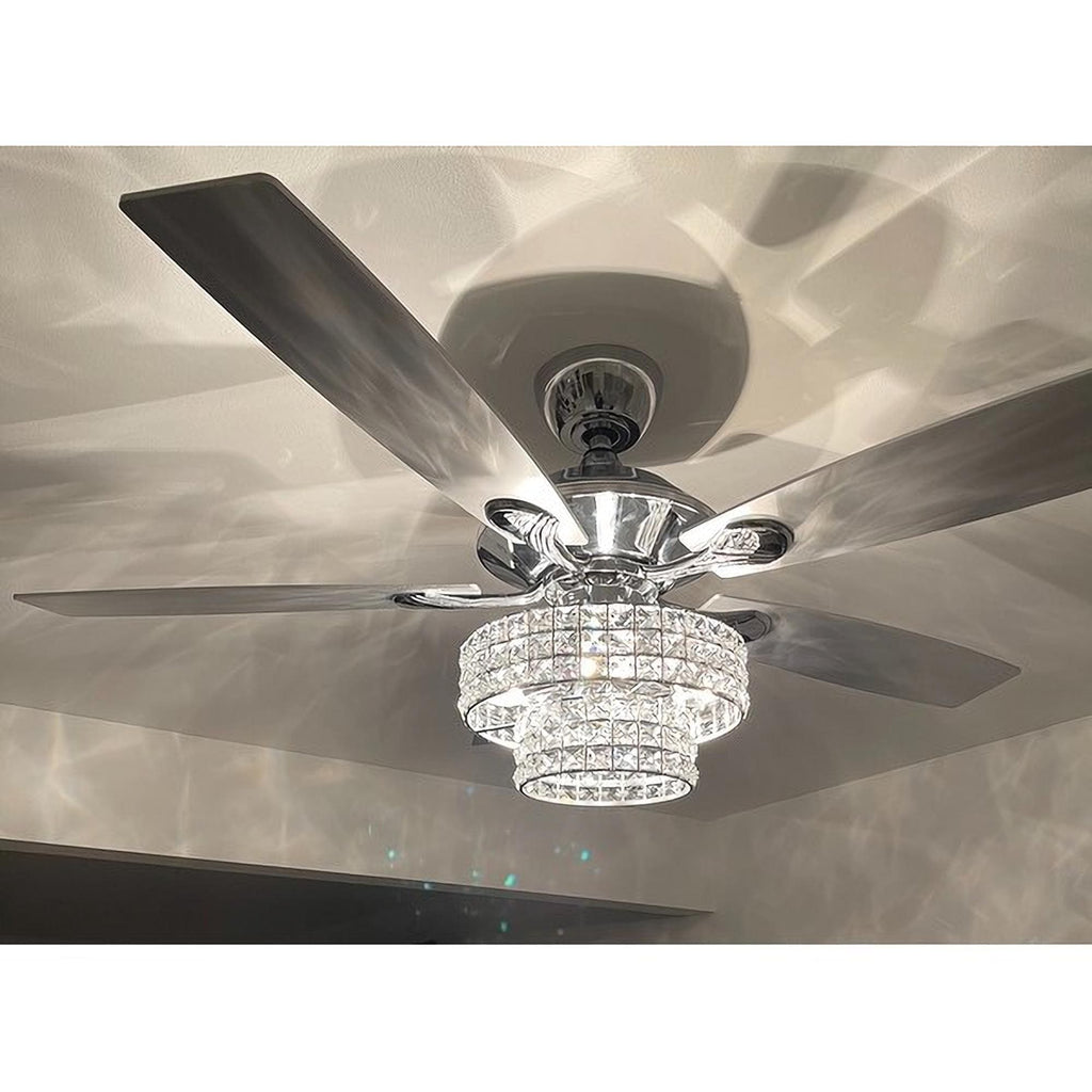 Ventilateur de plafond moderne en cristal et bois chromé de 52 pouces, 5 pales, avec télécommande