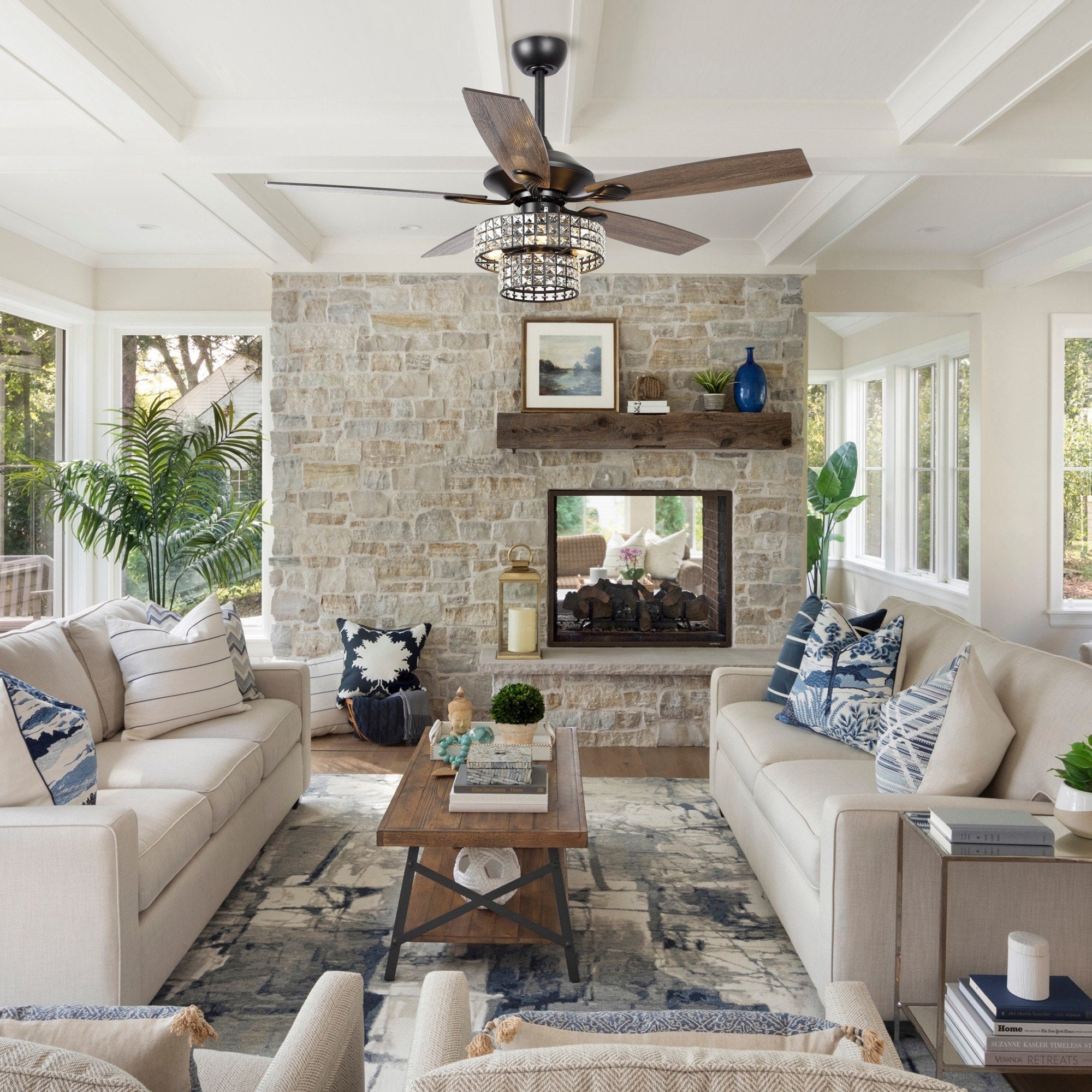 Ventilateur de plafond moderne en cristal et bois chromé de 52 pouces, 5 pales, avec télécommande