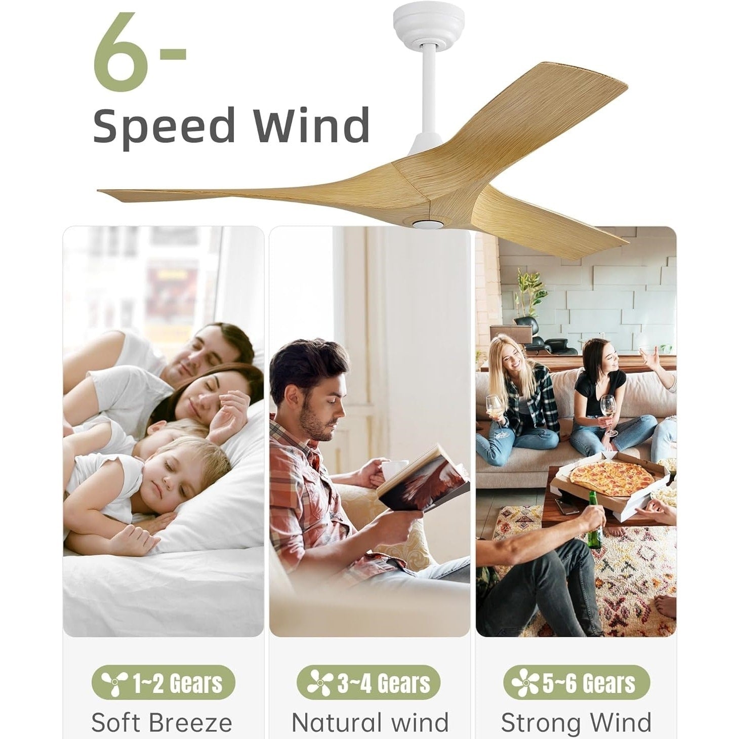 Ventilateur de plafond moderne en bois massif/ABS de 52 pouces avec télécommande (sans lumière), 6 vitesses de vent, flux d'air réversible