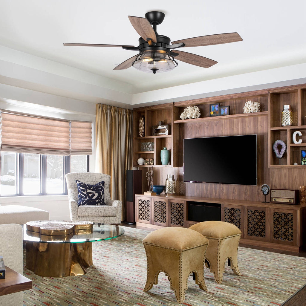 Ventilateur de plafond décoratif industriel en verre grainé noir de 52 pouces avec télécommande et kit d'éclairage