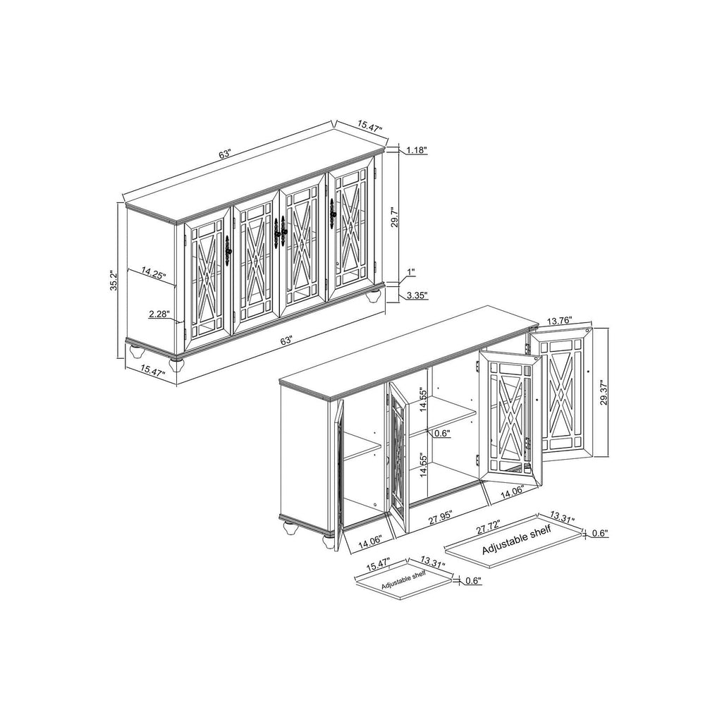 Buffet d'appoint de cuisine en bois de style vintage de 63 po de largeur