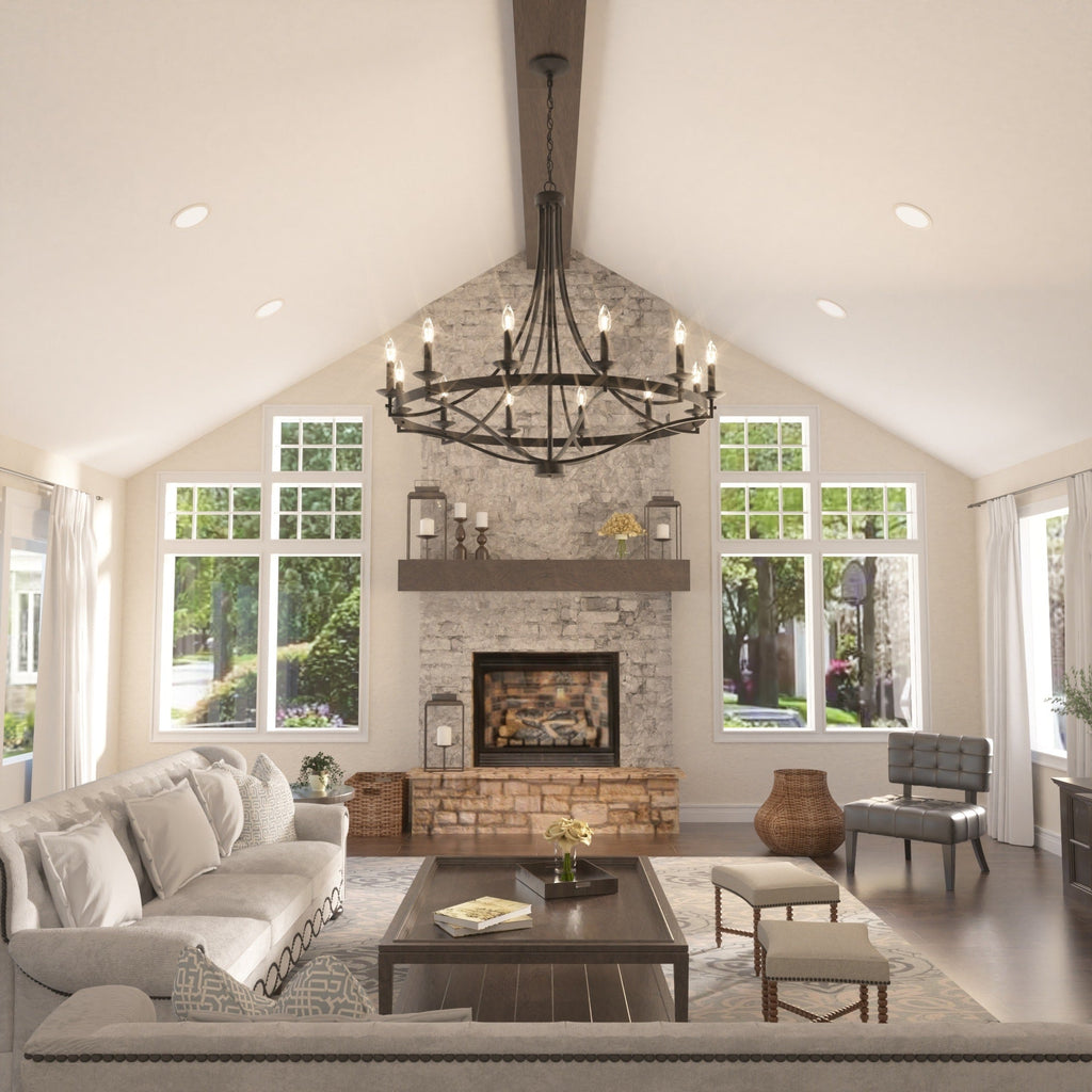 Lustre Empire à 12 lumières de style ferme moderne Fidenza avec roue de chariot et UL - D40'' * H135''