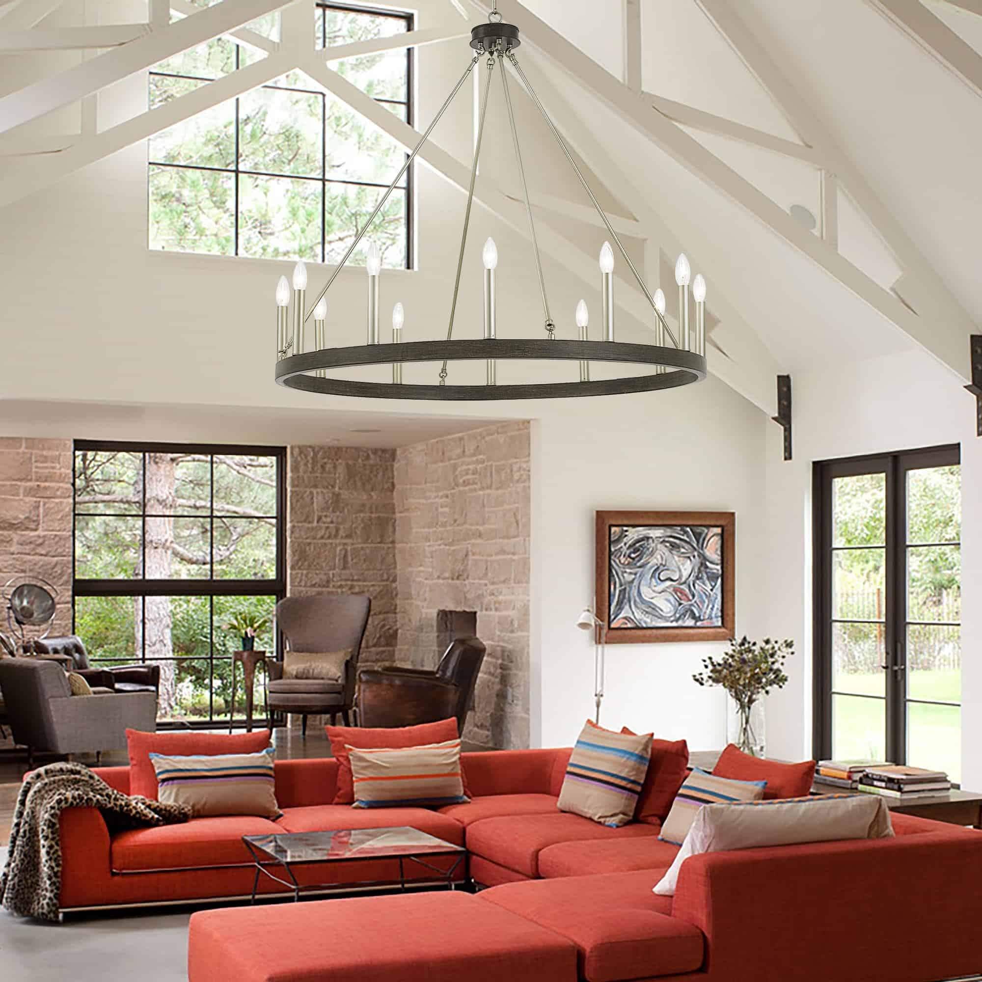 Lustre Acroma Farmhouse à 12 lumières, 40 po, en forme de roue de chariot, certifié UL - 40 po P x 138 po H