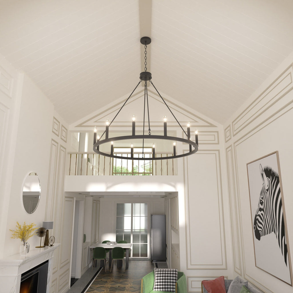 Lustre Acroma Farmhouse à 12 lumières, 40 po, en forme de roue de chariot, certifié UL - 40 po P x 138 po H