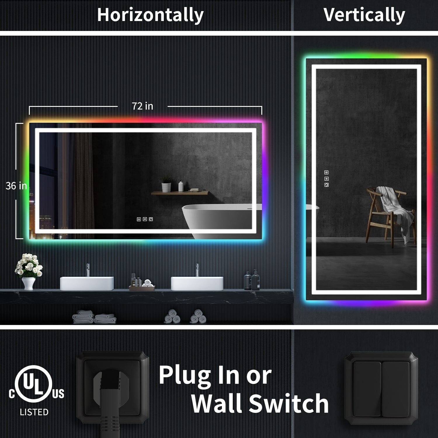 Miroir de salle de bain antibuée rétroéclairé RVB et à éclairage frontal LED