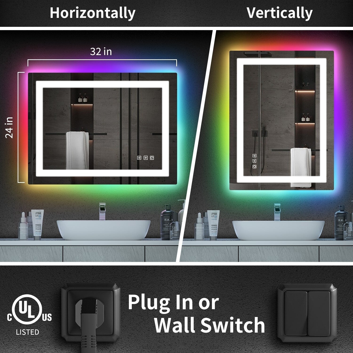 Miroir de salle de bain antibuée rétroéclairé RVB et à éclairage frontal LED