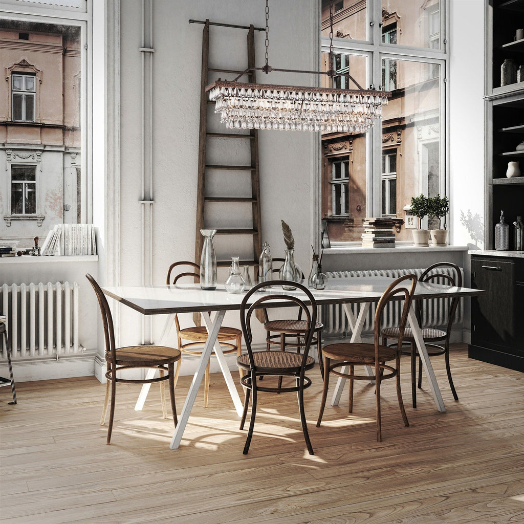 Éclairage rectangulaire pour îlot de cuisine en bronze antique à 6 lumières avec suspension en cristal - Bronze antique