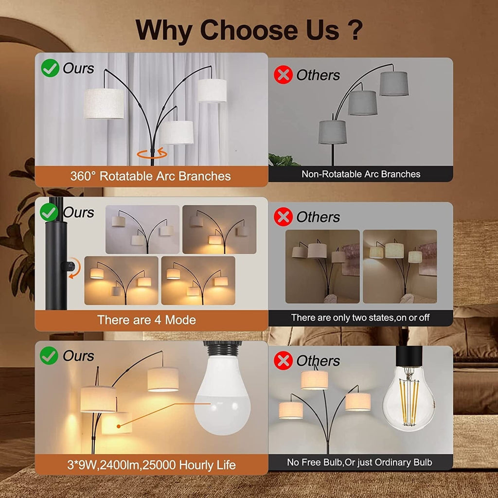 Lampadaire LED Arc à intensité variable, moderne, noir, 3 lampes, haut et arqué