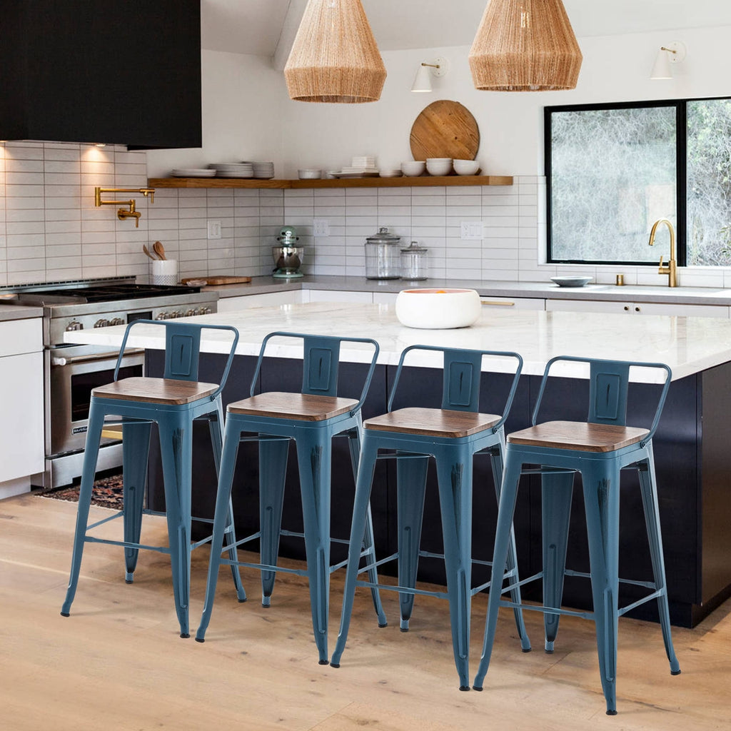 Lot de 4 tabourets de bar industriels en métal avec dossier et assise en bois