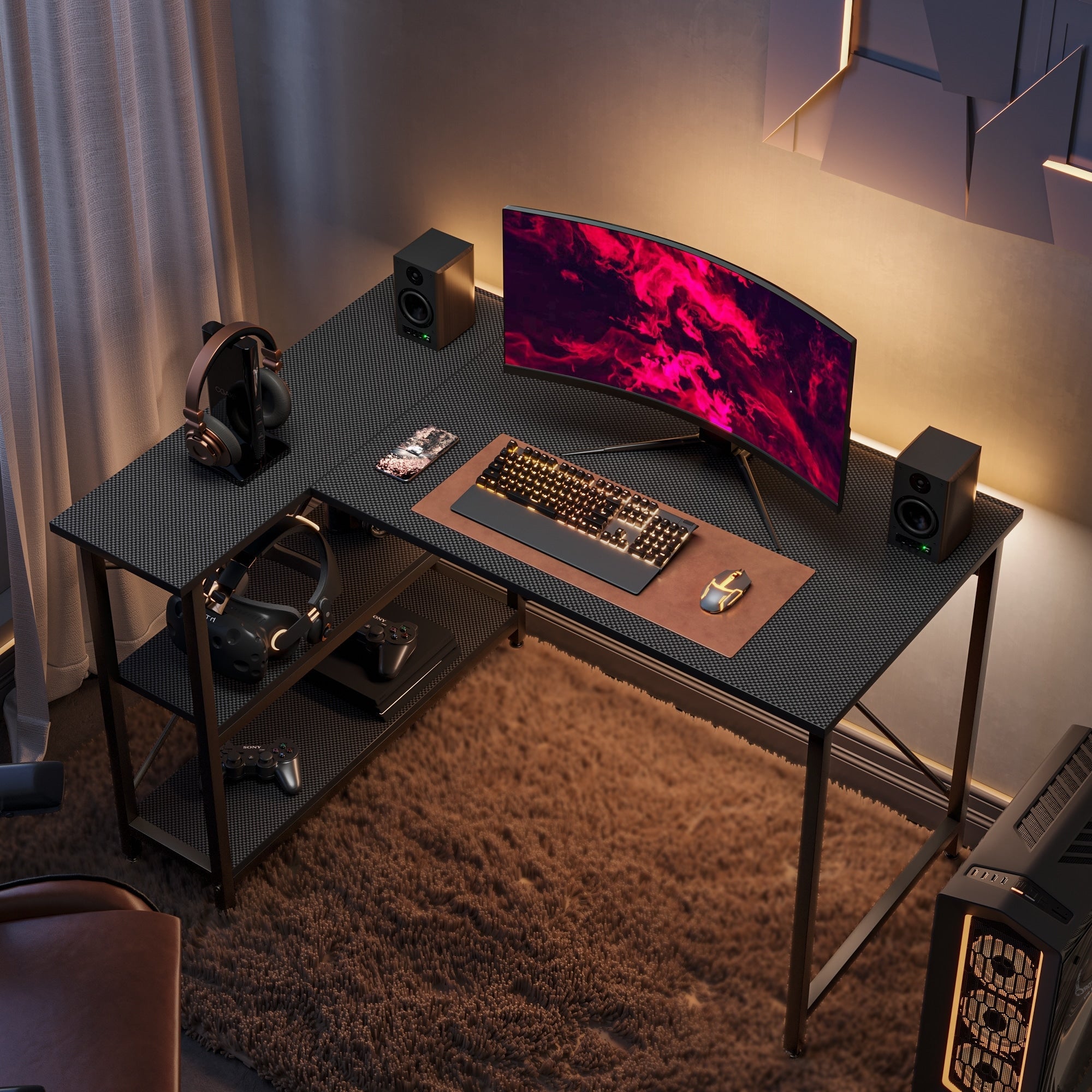 Petit bureau en L avec étagères de rangement Bureau d'ordinateur d'angle