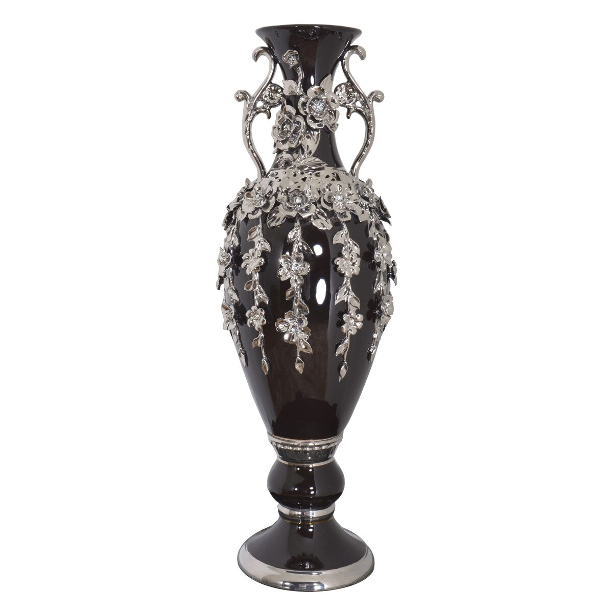 Superbe vase orné de bijoux en forme de fleuron noir et argent de 35 pouces de hauteur